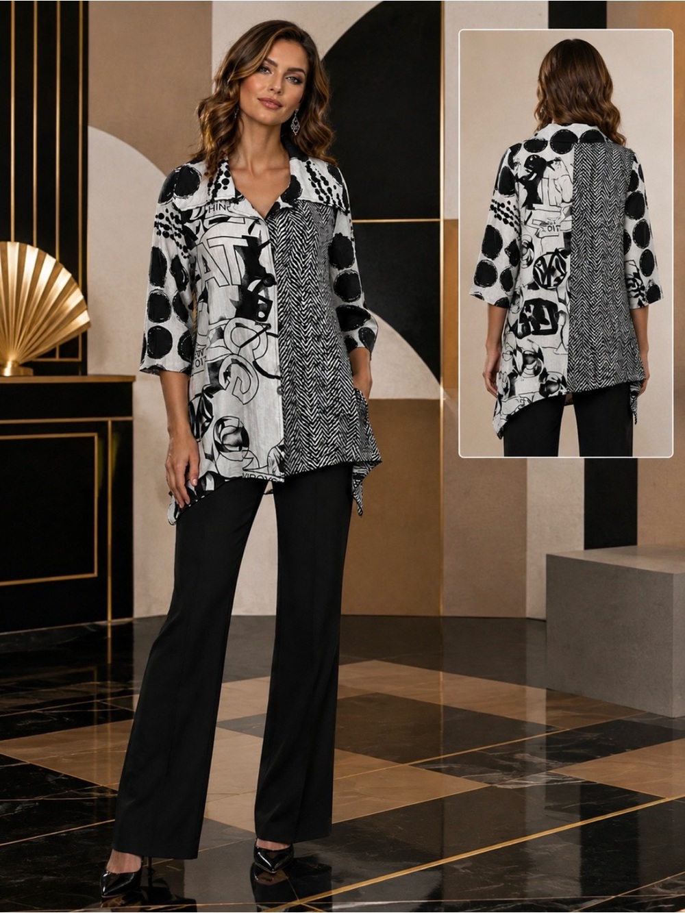 FERATELLI designs black and white art deco blouse